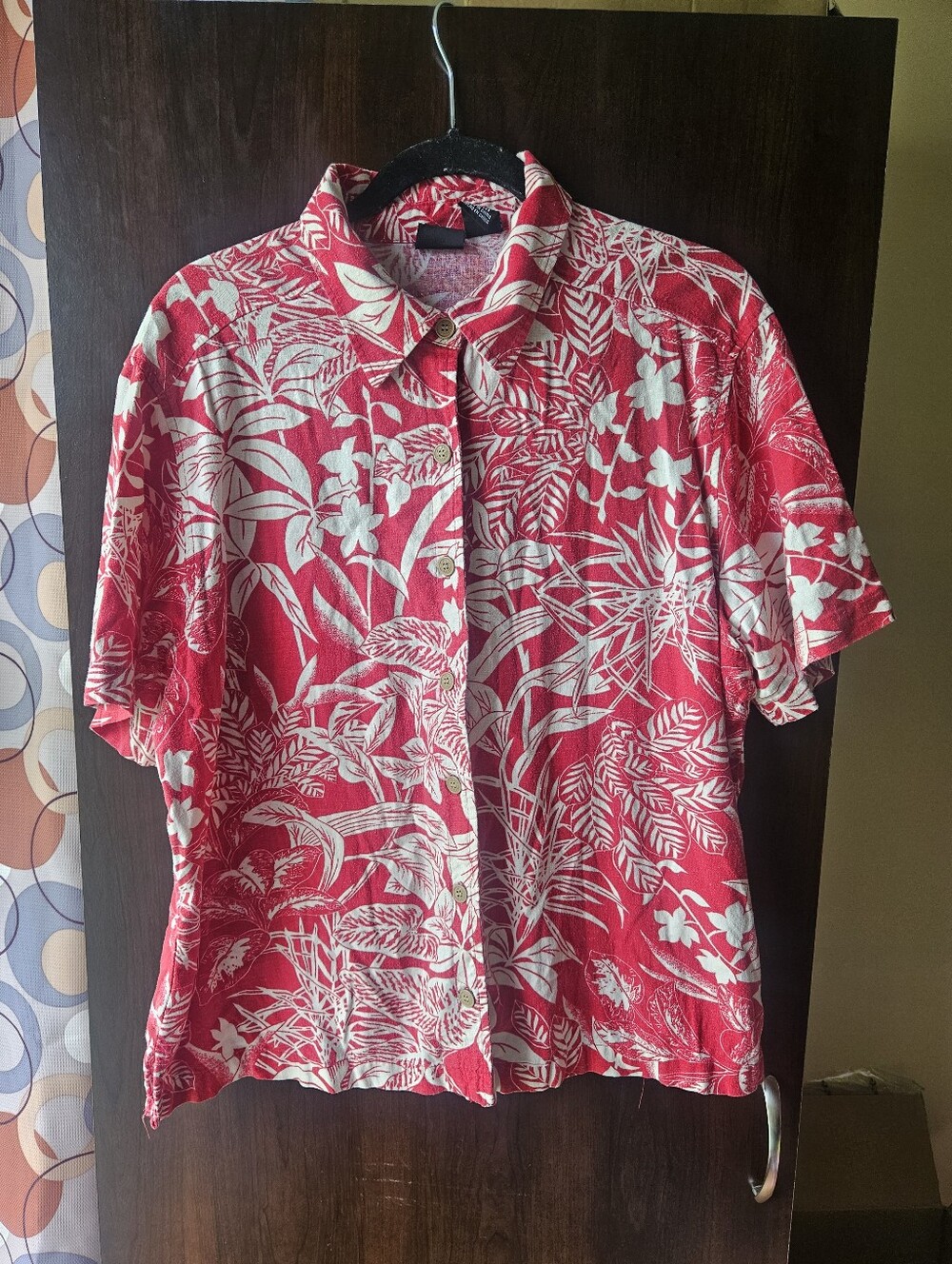 Erika Red and White Tropical Short-Sleeve Button-Down Shirt Size 1X